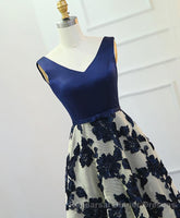 Stylish Dark Blue A Line V Neck Long Semi Formal Prom Dress, Dark Blue Evening Dress